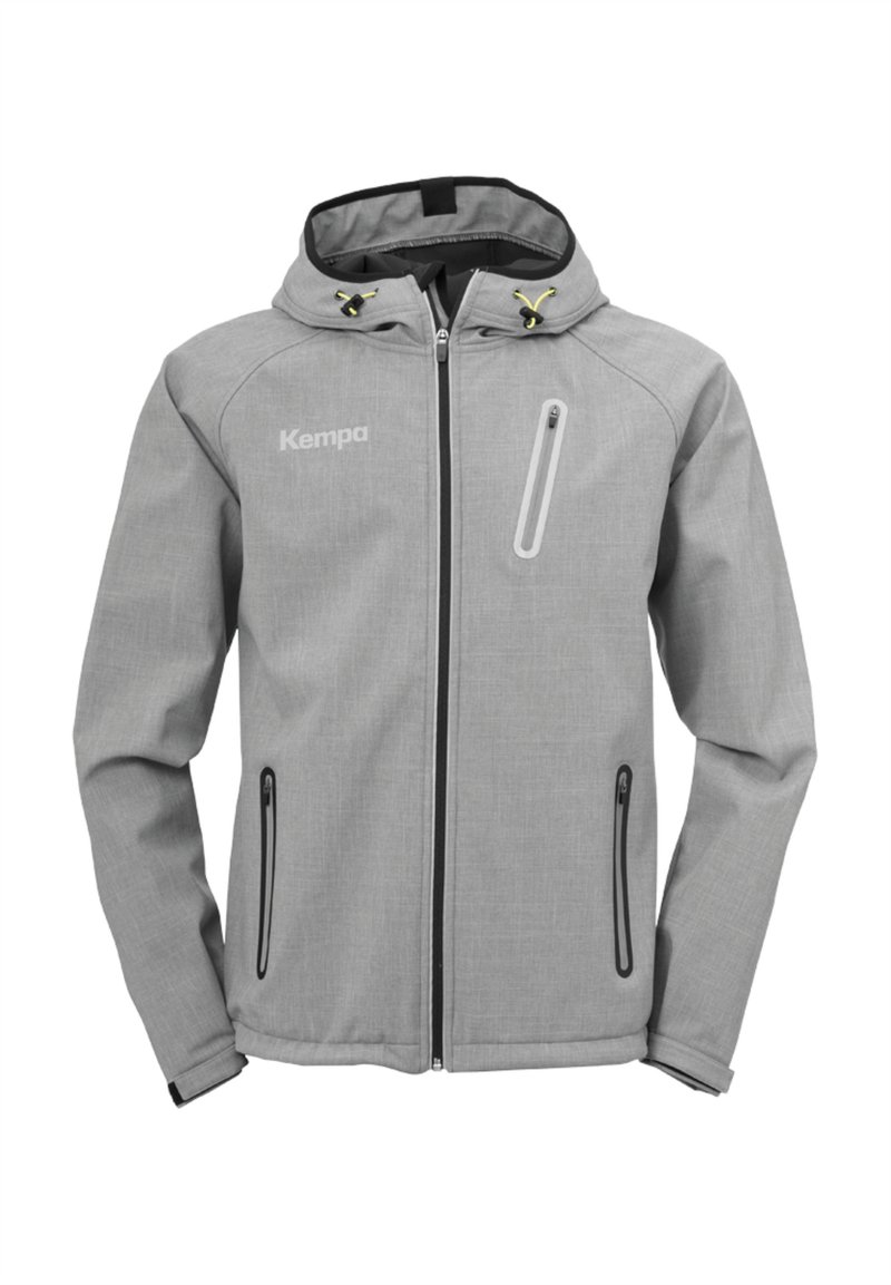 Veste légère grise avec capuche, dotée d'une poche poitrine zippée, de poches latérales et d'accents noirs sur la fermeture éclair et les poignets.