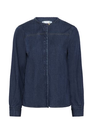 Chemise en denim bleu foncé à manches longues avec col rond, poignets à boutons et patte de boutonnage avant cachée.