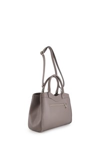 Gray textured handbag with dual handles and an adjustable shoulder strap. Features a front zip pocket and sleek design.