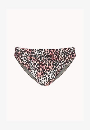 Rosa-schwarze Leopardenmuster-Bikinihose mit gerafften Seiten und einem tief sitzenden Schnitt vor einem schlichten hellen Hintergrund.