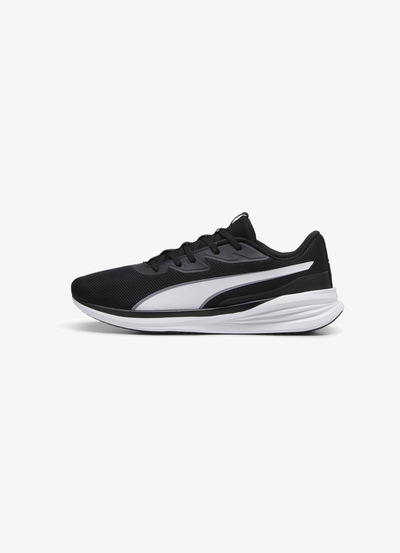 Black athletic shoes with a mesh upper, white accent design on the side, and a cushioned white sole. Lace-up closure and pull tab at the heel.