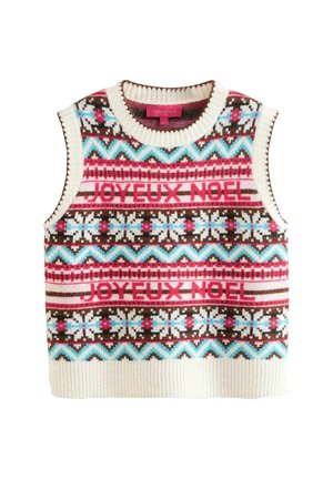 Knitted sweater vest with a cream base, featuring red, blue, and brown geometric patterns and the text "JOYEUX NOEL" prominently displayed.