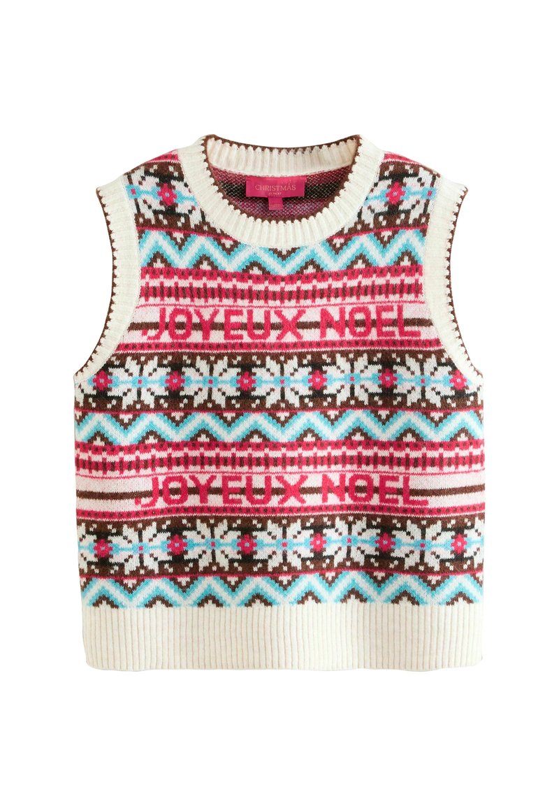 Knitted sweater vest with a cream base, featuring red, blue, and brown geometric patterns and the text "JOYEUX NOEL" prominently displayed.