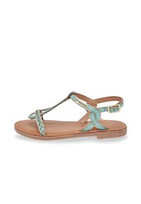 Braided teal leather sandals with a flat sole and ankle strap, featuring a gold-tone buckle and contrasting stitching details.