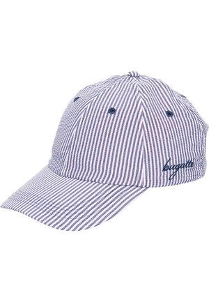 Blue and white striped baseball cap with ventilation holes and "bugatti" embroidered on the side in navy blue thread.