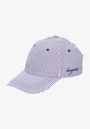 Blue and white striped baseball cap with ventilation holes and "bugatti" embroidered on the side in navy blue thread.