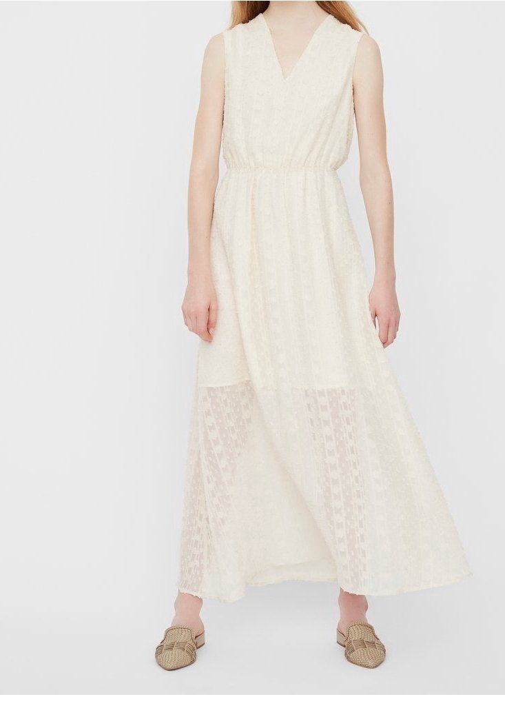 Langes, cremefarbenes ärmelloses Kleid mit V-Ausschnitt, strukturiertem Stoff, elastischem Bund und einem transparenten unteren Abschnitt mit einem geometrischen Muster.