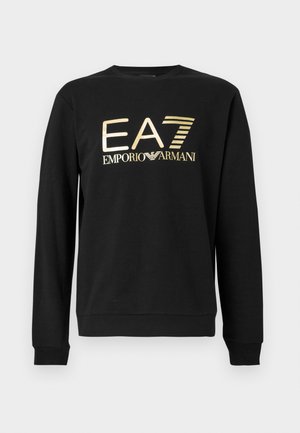 Black sweatshirt made of cotton, featuring a gold EA7 logo and "EMPORIO ARMANI" text, crew neck, long sleeves, and ribbed cuffs.