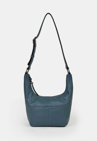 Skórzana torba na ramię w ciemnym tealowym kolorze, o gładkiej fakturze, zaokrąglonym kształcie, regulowanym pasku i subtelnych detalach szwów na powierzchni.