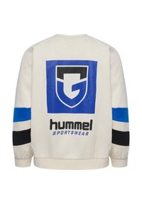 Krämfärgad sweatshirt med en stor blå och svart logotyp på baksidan, samt blå och svarta randiga detaljer på ärmarna. Mjuk textur.