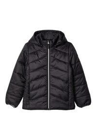 Černá prošívaná péřová bunda s kapuc�í, předním zipem a dlouhými rukávy s elastickými manžetami, navržena pro chladné počasí.