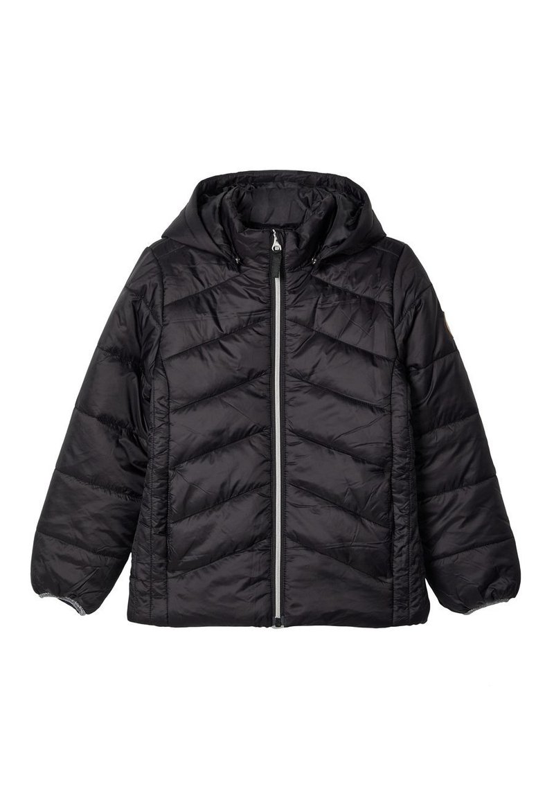 Černá prošívaná péřová bunda s kapucí, předním zipem a dlouhými rukávy s elastickými manžetami, navržena pro chladné počasí.