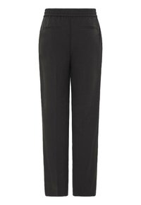 Pantaloni neri a gamba dritta con vita elastica, due tasche posteriori, realizzati in un tessuto liscio e testurizzato. Nessun hardware o motivo visibile.