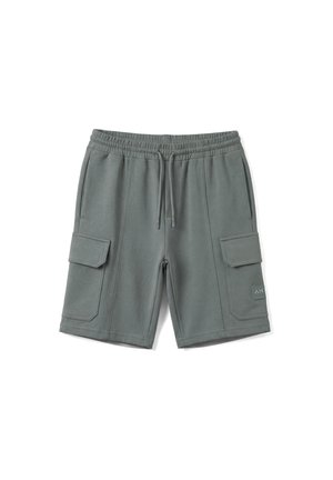 Pantalones cortos cargo grises hasta la rodilla con cintura elástica, cordón, bolsillos laterales con solapa y un pequeño logo bordado en el bolsillo derecho.