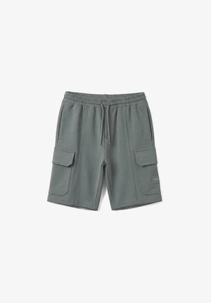 Pantaloncini cargo grigi alla lunghezza del ginocchio con vita elasticizzata, coulisse, tasche laterali con pattina e piccolo logo ricamato sulla tasca destra.