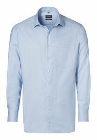 Světle modrá košile s dlouhým rukávem z hladké látky, s strukturovaným límečkem, zapínáním na knoflíky a jednou náprsní kapsou.