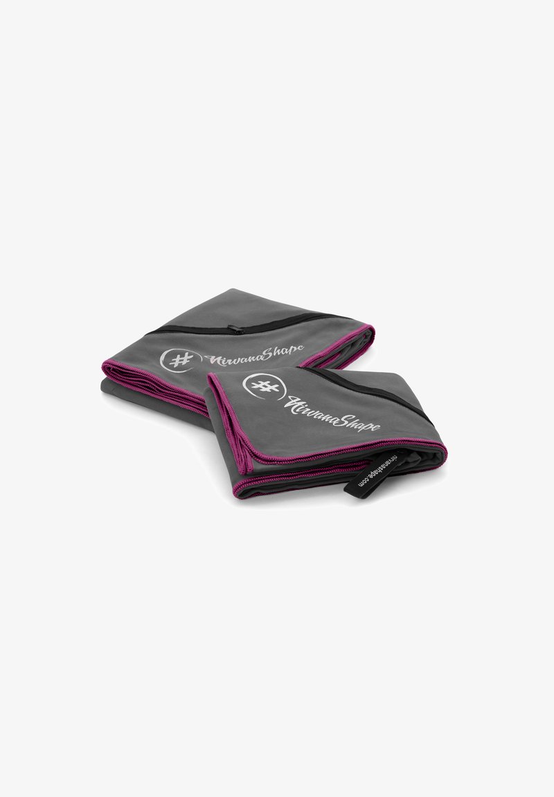 Gray fabric yoga mat with pink zippers and accents, featuring the "#NirvanaShape" logo in white. Folded design for easy storage.