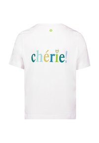White cotton t-shirt with short sleeves. Back features colorful text "chérie!" in blue, green, yellow, and accented with patterns. Round neckline.