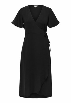 Robe portefeuille noire avec manches courtes volantées, encolure en V, fermeture à nouer sur le côté et ourlet asymétrique.