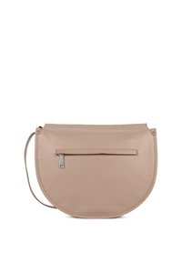 Borsa a tracolla in pelle beige con forma arrotondata, tasca frontale con zip e tracolla regolabile. Texture liscia e design minimalista.