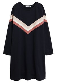 Vestido sudadera negro con mangas largas, que presenta un patrón de chevron en crema, rosa y rojo apagado en el pecho. Tejido suave.