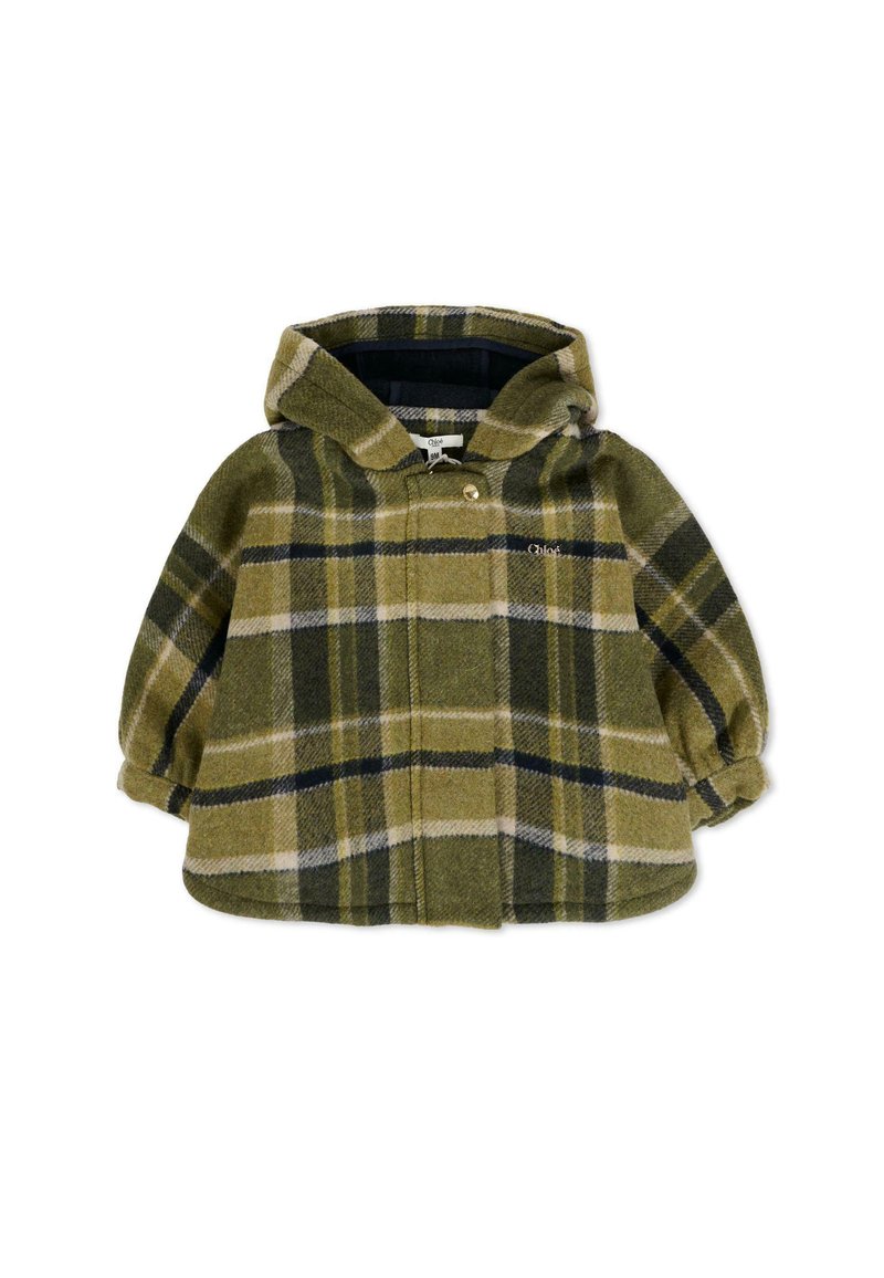 Giacca flanella a quadri in tonalità verdi, con cappuccio, orlo rotondo e chiusura con bottoni. Presenta accenti bianchi e blu navy nel motivo.
