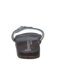 Blue flip-flop sandal featuring a flat, brown sole and a textured strap with a metal buckle. The footbed has a contoured design for comfort.