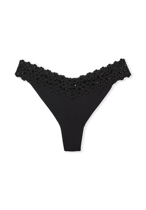 Perizoma nero con dettagli in pizzo floreale in vita. Il materiale è morbido ed elastico, offrendo una silhouette aderente.