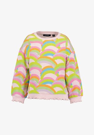 Bunter Pullover mit einem wiederholenden Muster aus gebogenen Formen in Pink, Grün, Orange und Blau auf einem hellrosa Hintergrund. Mit Rüschen am Saum.