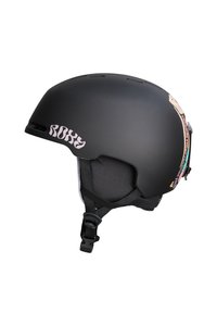 Čierna lyžiarska helma s hladkým matným povrchom. Obsahuje logo Roxy v ružovej farbe. Zahŕňa ventilačné otvory a nastaviteľný pás. Viditeľné vnútorné podšívka.