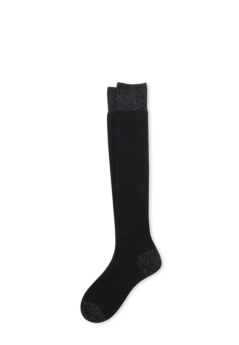 Calze nere a coste al ginocchio con risvolto e punte glitterati neri. Realizzate in un materiale morbido e elasticizzato per il massimo comfort.