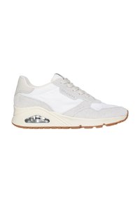 Graues und weißes Sport-Schuhwerk aus Wildleder und Mesh-Materialien, mit runder Zehenpartie, Schnürdesign und einer sichtbaren Luftdämpfungseinheit in der Sohle.