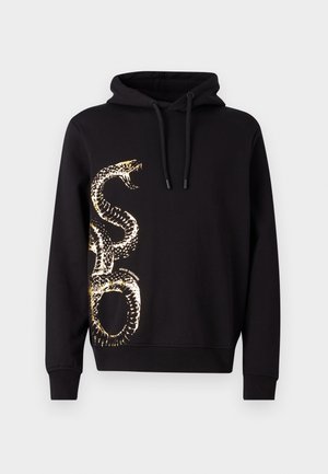 Black hoodie featuring a gold snake graphic design on one side. Made from soft fabric with a drawstring hood and ribbed cuffs.