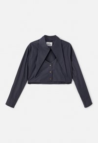 Cropped navy blue shirt with a large pointed collar, long sleeves, and button closure. Made from a smooth, textured fabric.