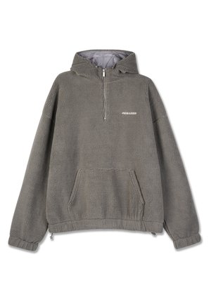 Szary polarowy pulower z kapturem, pół-zamek z przodu i kieszeń kangurka. Posiada ribrowane mankiety oraz ściągacz u dołu dla lepszej regulacji.