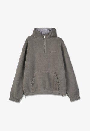 Gray fleece pullover with a hood, half-zip front, and kangaroo pocket. Features ribbed cuffs and drawstring hem for adjustability.