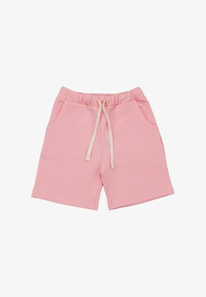 Pink elastic waist shorts with white drawstring and side pockets, casual and knee-length style for comfortable wear.