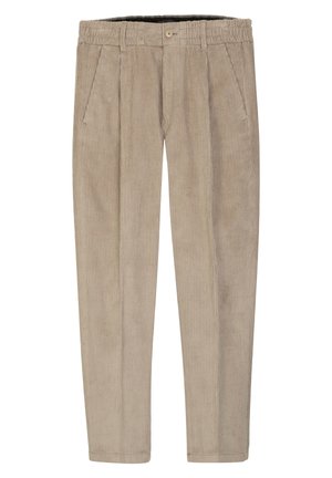 Beige Cordhose mit elastischem Bund, Knopfverschluss, Vorderentaschen und geraden Beinen.