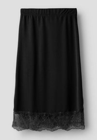 Svart knelangt skjørt med elastisk midjebånd og blonderkant nederst. Glatt stoff med myk tekstur.