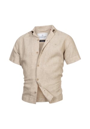 Kortermet, beige lin skjorte med knappefront, spiss krage og subtilt teksturmønster. Har merket innvendig.