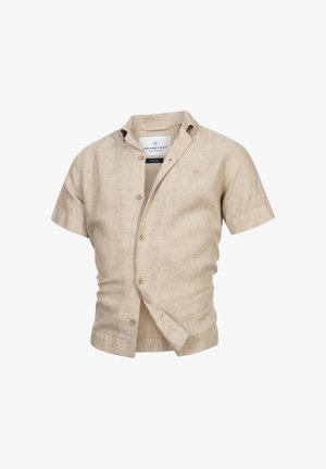 Kortærmet skjorte i beige linned med knaplukning foran, spids krave og subtilt struktureret mønster. Har mærke indeni.