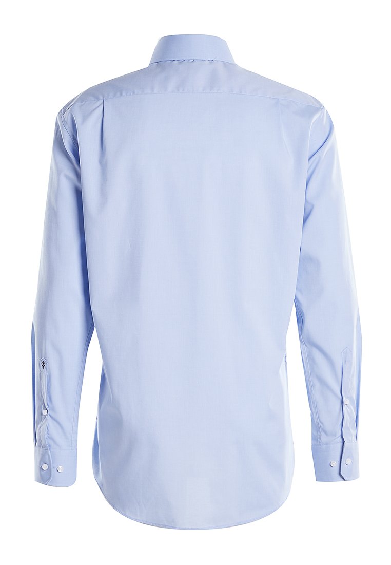 Helles blaues Langarmhemd aus glattem Stoff mit Punktkragen, Knopfmanschette und abgerundetem Saum. Die Rückansicht zeigt eine saubere Verarbeitung.