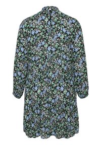 Vestido túnica floral con mangas largas. Fondo negro acentuado por flores azules y verdes. Tejido suave y ligero con un estilo fruncido.