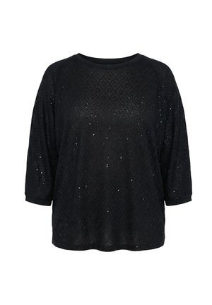 Black long-sleeve top with diamond lace pattern and scattered small sequins, featuring a round neckline and straight hem.