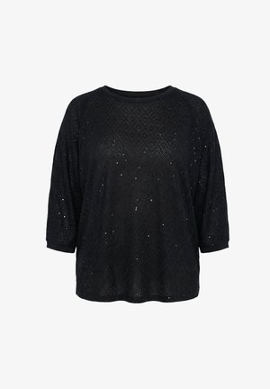 Top nero a maniche lunghe con motivo a pizzo a diamante e piccoli paillettes sparse, con scollo rotondo e orlo dritto.
