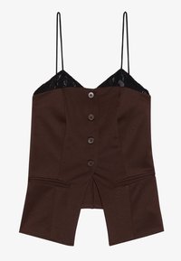 Brun bygget topp med blonderkant, spaghetti-stropper og fem frontknapper; har splittet søm og skreddersydd design.
