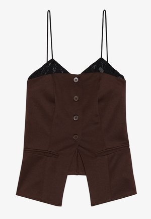Brun bygget topp med blonderkant, spaghetti-stropper og fem frontknapper; har splittet søm og skreddersydd design.