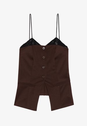 Brun, figurnära topp med spetsdetaljer, spaghetti-remmar och fem framknappar; har en delad fåll och en skräddarsydd design.