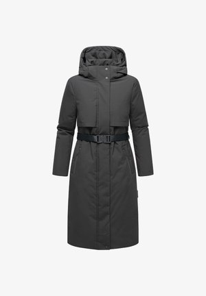 Schwarzer, langer, gepolsterter Mantel mit abnehmbarer Kapuze, verstellbarem Gürtel, zwei Reißverschlusstaschen und einer eleganten, geraden Silhouette.