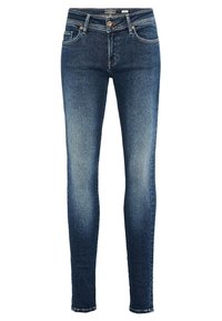 Jeans ajustados de denim azul oscuro con un ligero desgaste. Con cinco bolsillos y cierre de botón. Textura suave con sutiles detalles de costura.